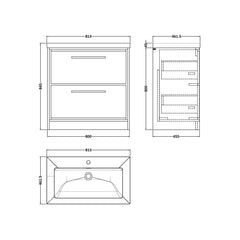 [BFIF2235L] Longnor 2 Drawer Floor Standing Vanity Unit with Modern Fireclay Basin - Choice of Size and Colour - Technical Drawing