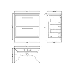 [BFIF2235M] Longnor 2 Drawer Floor Standing Vanity Unit with 3 Tap Hole Modern Fireclay Basin - Choice of Size and Colour - Technical Drawing