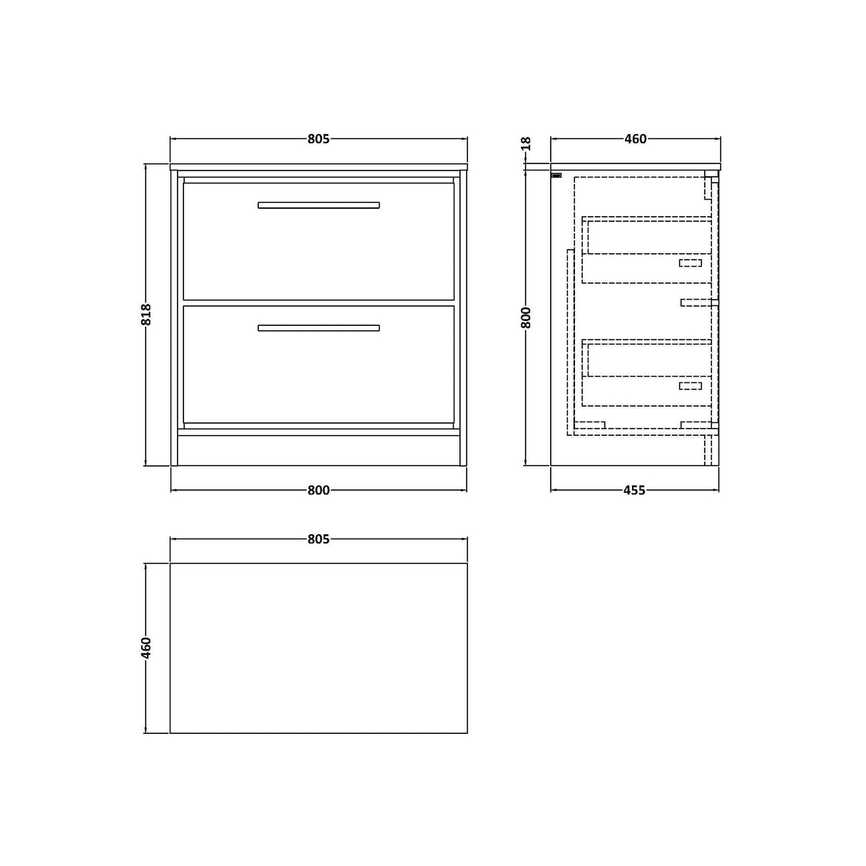 [BFIF2235W] Longnor 2 Drawer Floor Standing Vanity Unit with Worktop - Choice of Size and Colour - Technical Drawing
