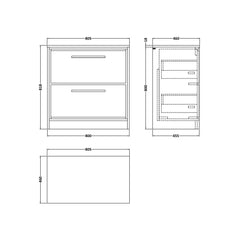 [BFIF2235W] Longnor 2 Drawer Floor Standing Vanity Unit with Worktop - Choice of Size and Colour - Technical Drawing