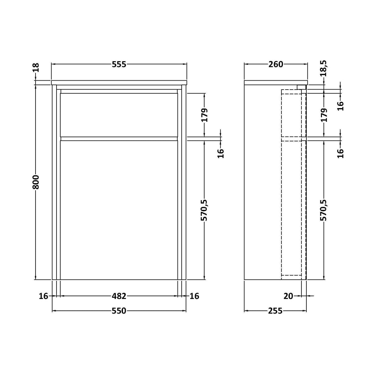 [BFIF2241] Contemporary Floor Standing WC Unit - 818 x 555 x 260mm - Graphite Grey Woodgrain - Technical Drawing