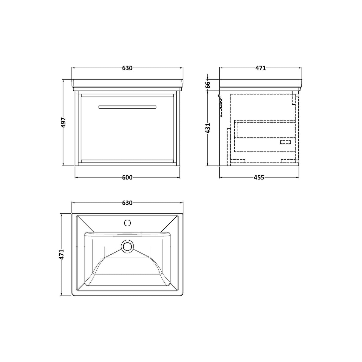 [BFIF2722A] Longnor 1 Drawer Wall Hung Vanity Unit with Traditional Fireclay Basin - Choice of Size and Colour - Technical Drawing