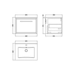[BFIF2722C] Longnor 1 Drawer Wall Hung Vanity Unit with Minimalist Basin - Choice of Size and Colour - Technical Drawing