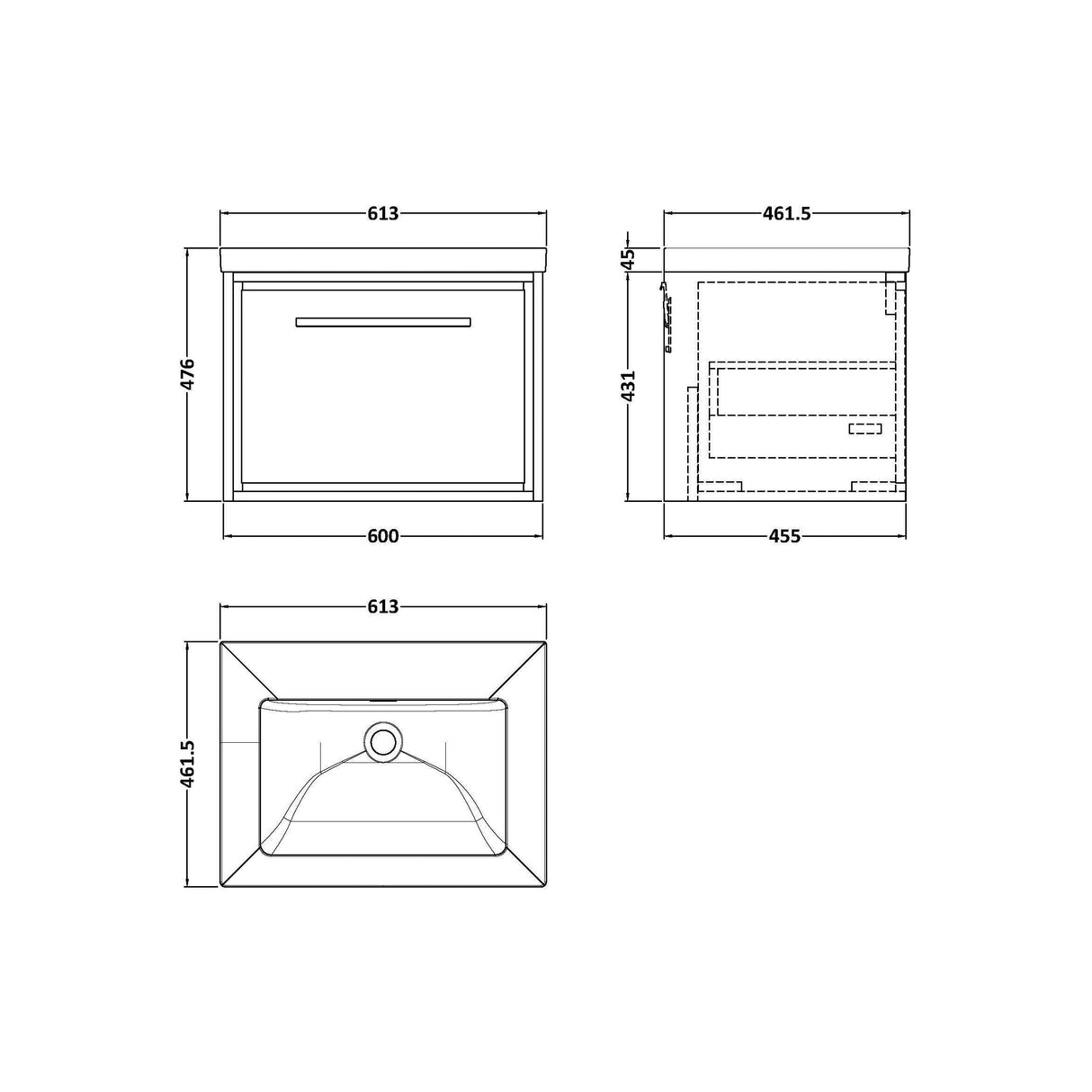 [BFIF2722K] Longnor 1 Drawer Wall Hung Vanity Unit with No Tap Hole Modern Fireclay Basin - Choice of Size and Colour - Technical Drawing