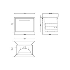 [BFIF2722K] Longnor 1 Drawer Wall Hung Vanity Unit with No Tap Hole Modern Fireclay Basin - Choice of Size and Colour - Technical Drawing