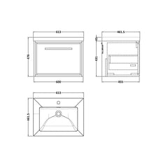 [BFIF2722L] Longnor 1 Drawer Wall Hung Vanity Unit with Modern Fireclay Basin - Choice of Size and Colour - Technical Drawing