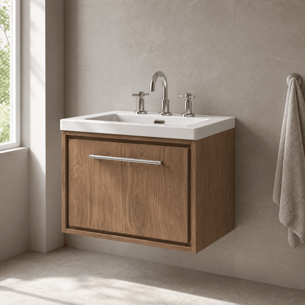 [BFIF2722M] Longnor 1 Drawer Wall Hung Vanity Unit with 3 Tap Hole Modern Fireclay Basin - Choice of Size and Colour