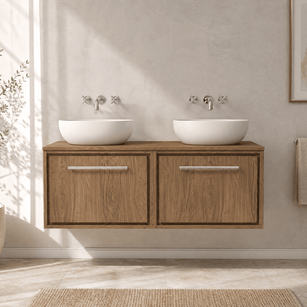 [BFIF2722W2] Longnor 1 Drawer Wall Hung Vanity Unit with Worktop, Antique Oak, 600mm - Lifestyle 1
