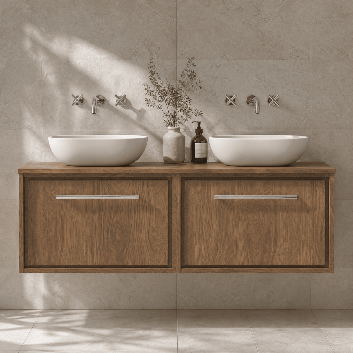 [BFIF2722W2] Longnor 1 Drawer Wall Hung Vanity Unit with Worktop, Antique Oak, 600mm - Silo