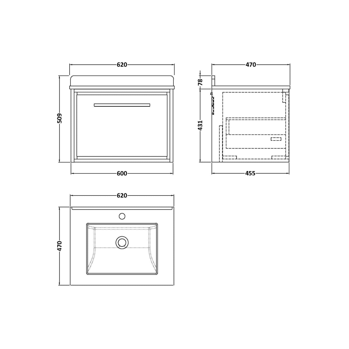 [BFIF2722WS1] Longnor 1 Drawer Wall Hung Vanity Unit with Square Basin and Marble Worktop - Choice of Size and Colour - Technical Drawing