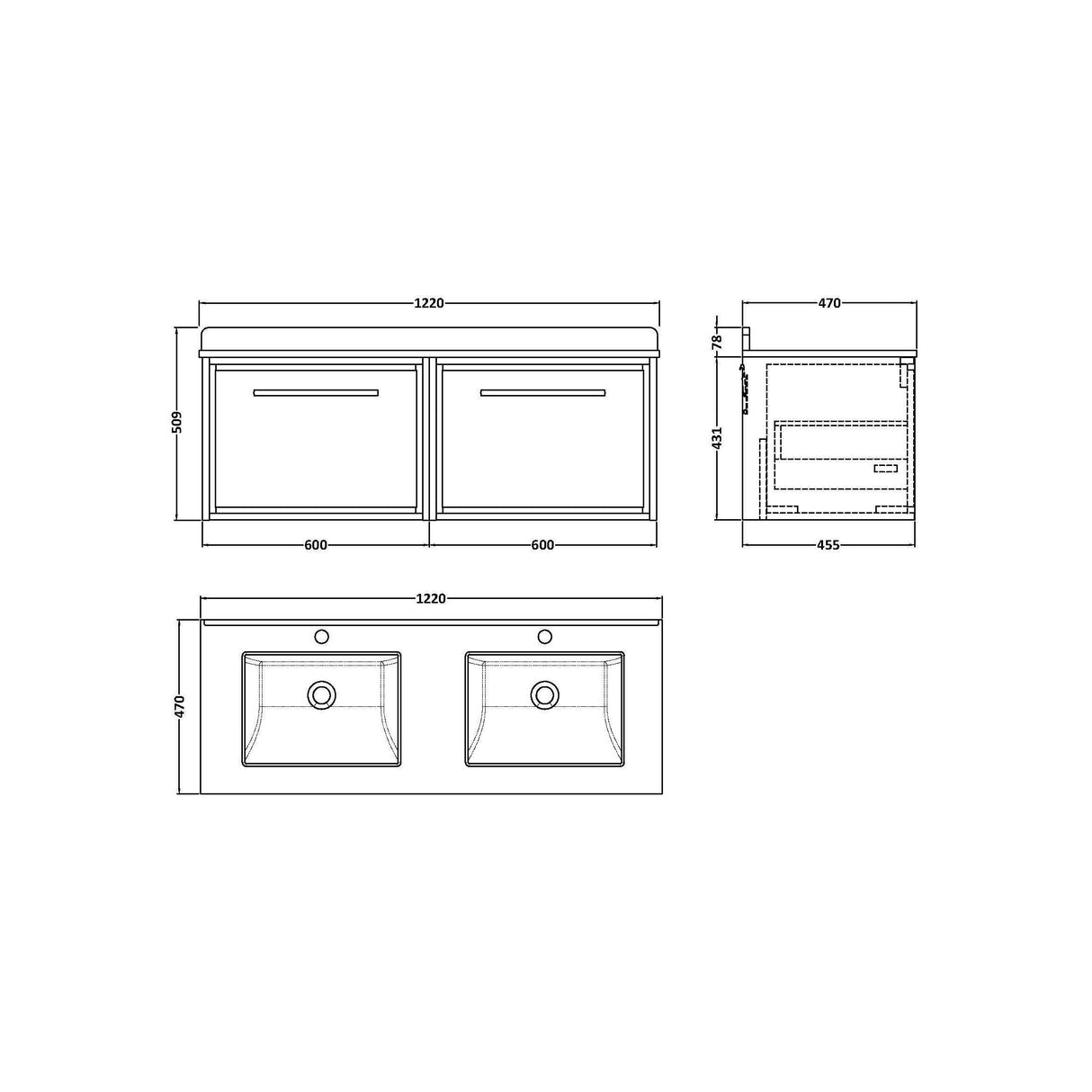 [BFIF2722WS2] Longnor 2 Drawer Wall Hung Vanity Unit with Square Basin and Marble Worktop, 1200mm, Choice of Colour - Technical Drawing