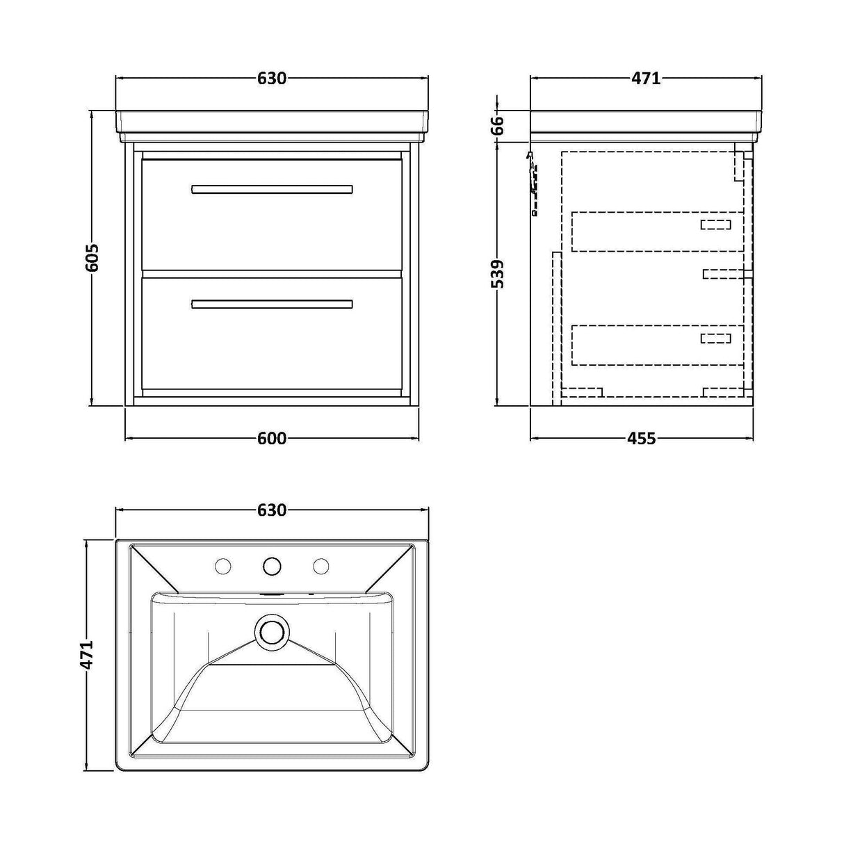 [BFIF2724B] Longnor 2 Drawer Wall Hung Vanity Unit with 3 Tap Hole Traditional Fireclay Basin - Choice of Size and Colour - Technical Drawing