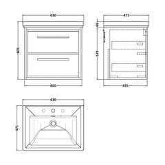 [BFIF2724B] Longnor 2 Drawer Wall Hung Vanity Unit with 3 Tap Hole Traditional Fireclay Basin - Choice of Size and Colour - Technical Drawing