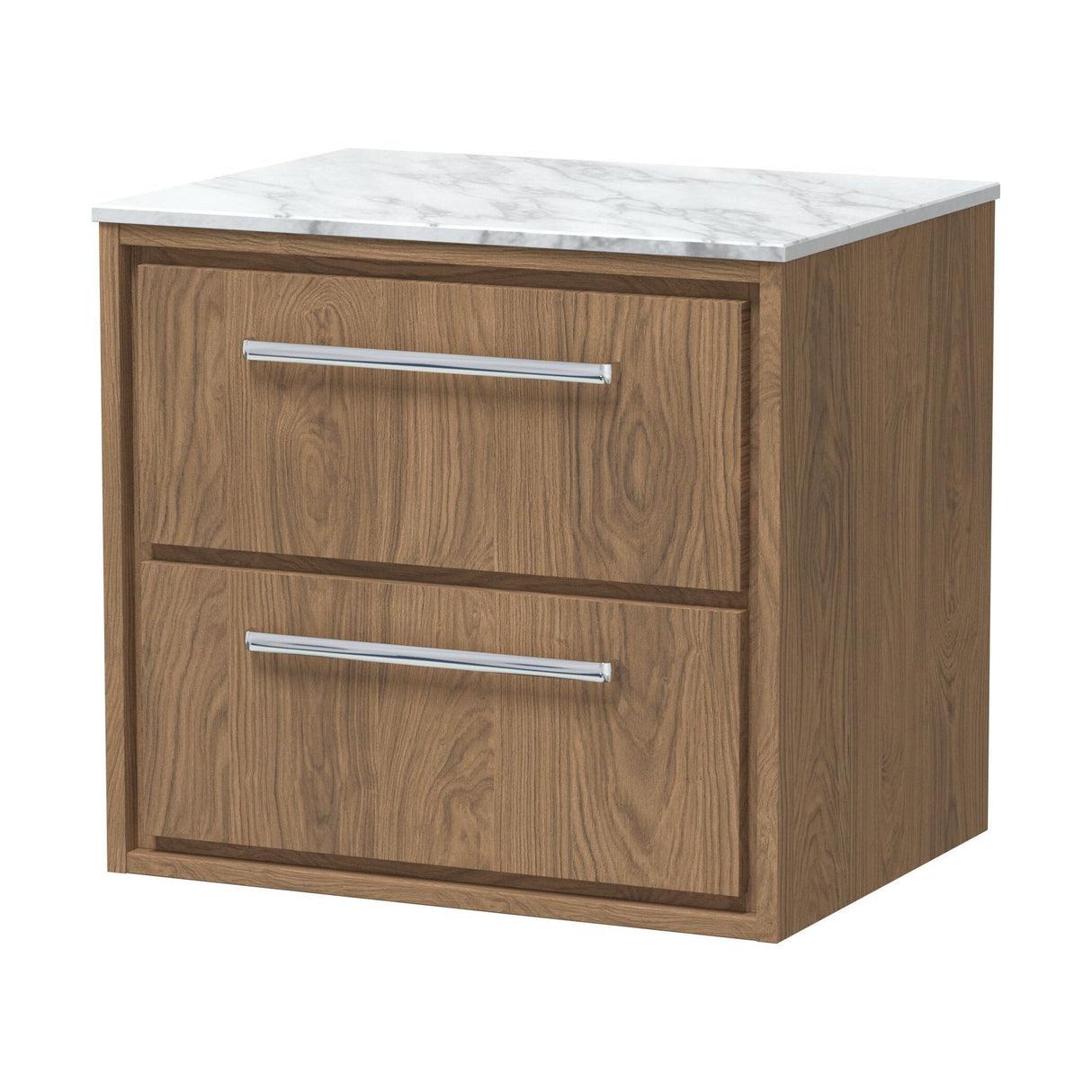 [BFIF2724CMT] Longnor 2 Drawer Wall Hung Vanity Unit with Carrera Marble Worktop, Antique Oak, 600mm - Cutout