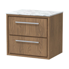 [BFIF2724CMT] Longnor 2 Drawer Wall Hung Vanity Unit with Carrera Marble Worktop, Antique Oak, 600mm - Cutout