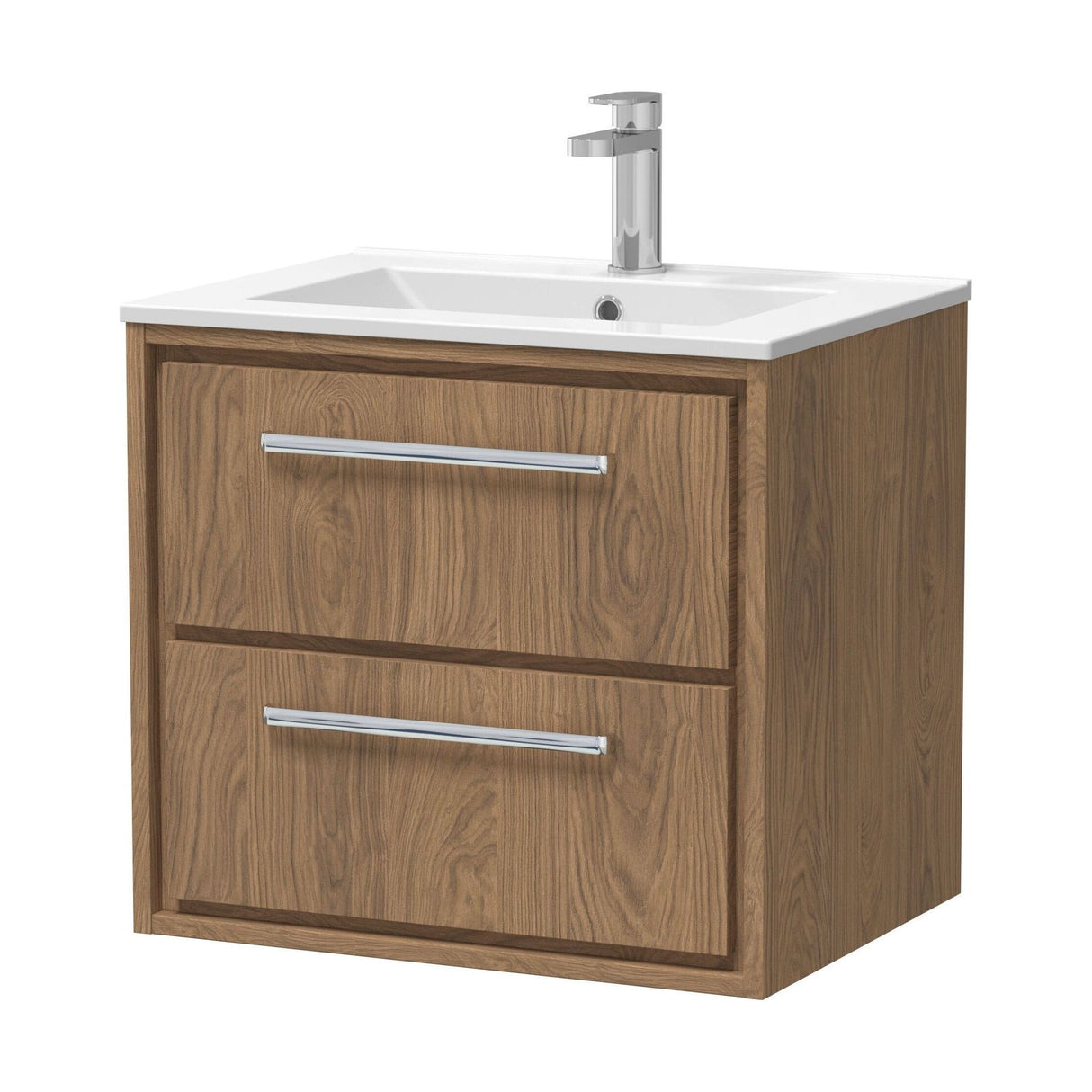 [BFIF2724C] Longnor 2 Drawer Wall Hung Vanity Unit with 1 Tap Hole Minimalist Basin, Antique Oak, 600mm - Cutout