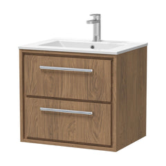[BFIF2724C] Longnor 2 Drawer Wall Hung Vanity Unit with 1 Tap Hole Minimalist Basin, Antique Oak, 600mm - Cutout