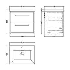 [BFIF2724E] Contemporary Longnor 2 Drawer Wall Hung Vanity Unit with 1 Tap Hole Thin Edge Basin, Choice of Size and Colour - Technical Drawing