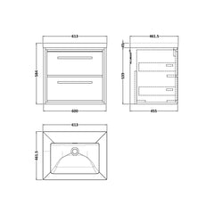 [BFIF2724K] Longnor 2 Drawer Wall Hung Vanity Unit with No Tap Hole Modern Fireclay Basin - Choice of Size and Colour - Technical Drawing