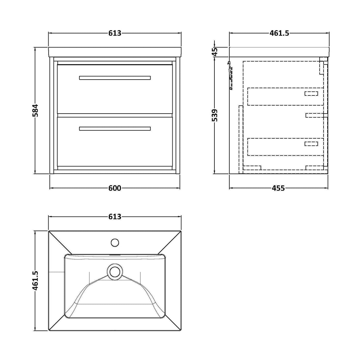 [BFIF2724L] Longnor 2 Drawer Wall Hung Vanity Unit with Modern Fireclay Basin - Choice of Size and Colour - Technical Drawing