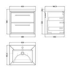 [BFIF2724L] Longnor 2 Drawer Wall Hung Vanity Unit with Modern Fireclay Basin - Choice of Size and Colour - Technical Drawing