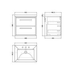 [BFIF2724M] Longnor 2 Drawer Wall Hung Vanity Unit with 3 Tap Hole Modern Fireclay Basin - Choice of Size and Colour - Technical Drawing