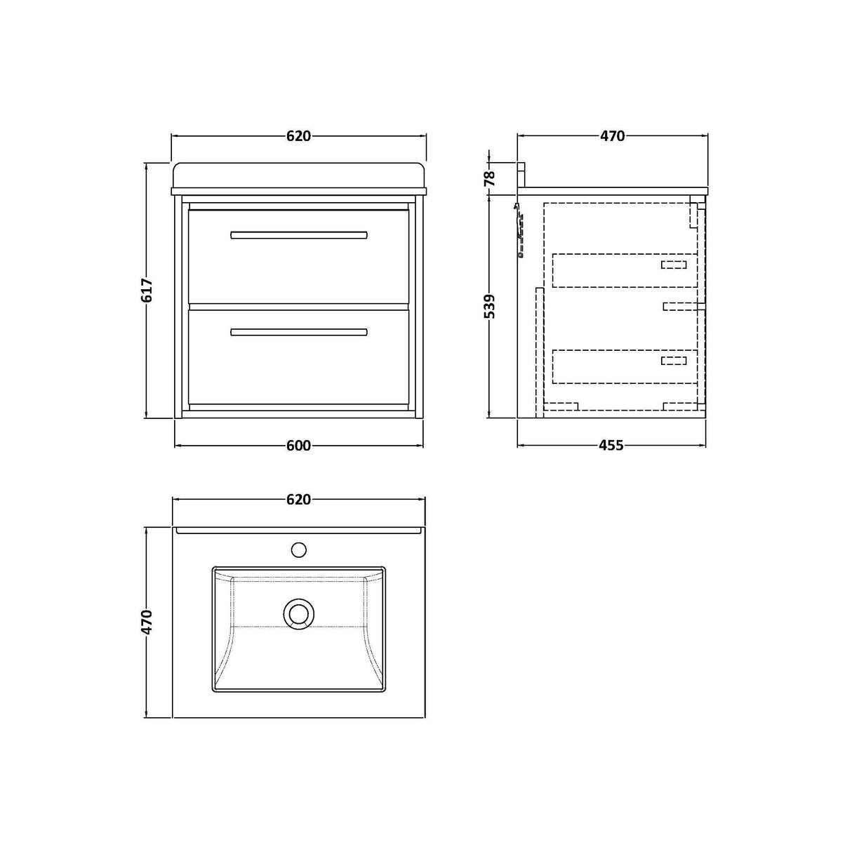 [BFIF2724WS1] Longnor 2 Drawer Wall Hung Vanity Unit with Square Basin and Marble Worktop - Choice of Size and Colour - Technical Drawing