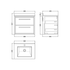 [BFIF2724WS1] Longnor 2 Drawer Wall Hung Vanity Unit with Square Basin and Marble Worktop - Choice of Size and Colour - Technical Drawing