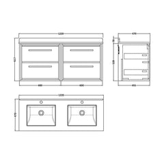 [BFIF2724WS2] Longnor 4 Drawer Wall Hung Vanity Unit with Square Basin and Marble Worktop, 1200mm, Choice of Colour - Technical Drawing