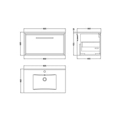 [BFIF2725C] Longnor 1 Drawer Wall Hung Vanity Unit with Minimalist Basin - Choice of Size and Colour - Technical Drawing