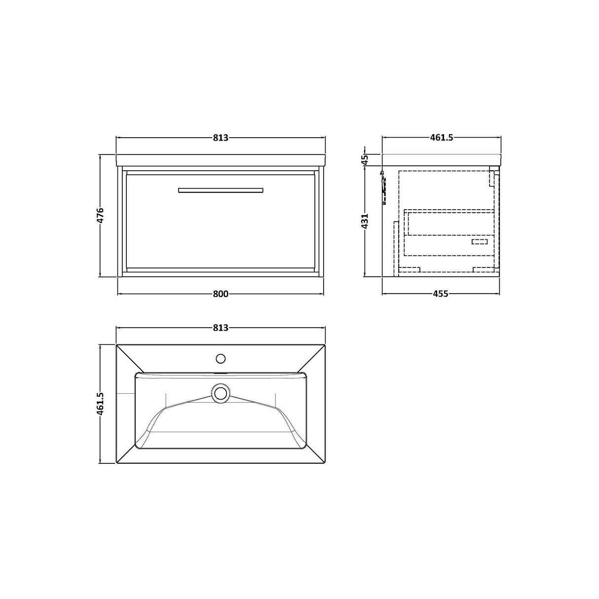 [BFIF2725L] Longnor 1 Drawer Wall Hung Vanity Unit with Modern Fireclay Basin - Choice of Size and Colour - Technical Drawing