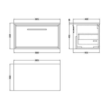 [BFIF2725W] Longnor 1 Drawer Wall Hung Vanity Unit with Worktop, Antique Oak, 800mm - Technical Drawing