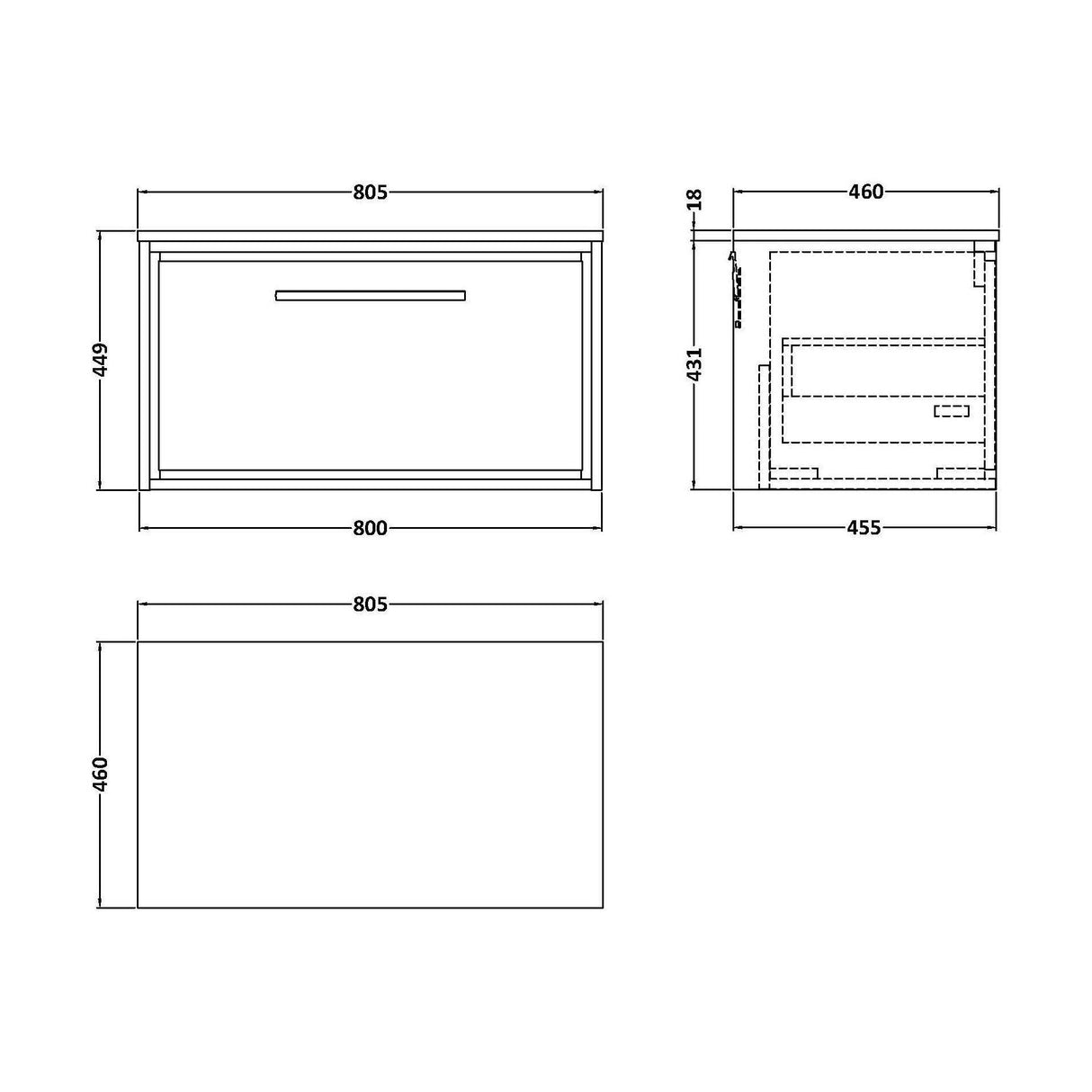 [BFIF2725W] Longnor 1 Drawer Wall Hung Vanity Unit with Worktop - Choice of Size and Colour - Technical Drawing