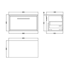 [BFIF2725W] Longnor 1 Drawer Wall Hung Vanity Unit with Worktop - Choice of Size and Colour - Technical Drawing