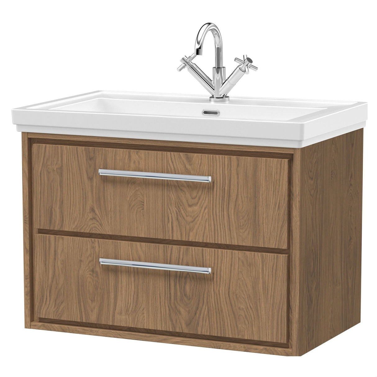 [BFIF2726A] Longnor 2 Drawer Wall Hung Vanity Unit with 1 Tap Hole Traditional Fireclay Basin, Antique Oak, 800mm - Cutout