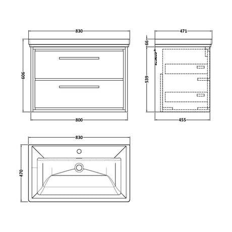 [BFIF2726A] Longnor 2 Drawer Wall Hung Vanity Unit with 1 Tap Hole Traditional Fireclay Basin, Antique Oak, 800mm - Technical Drawing