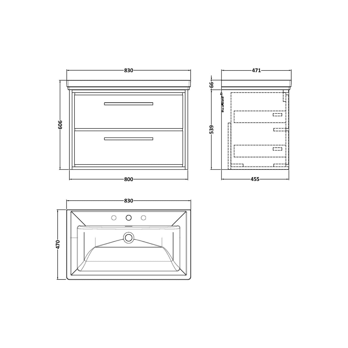 [BFIF2726B] Longnor 2 Drawer Wall Hung Vanity Unit with 3 Tap Hole Traditional Fireclay Basin - Choice of Size and Colour - Technical Drawing