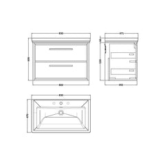 [BFIF2726B] Longnor 2 Drawer Wall Hung Vanity Unit with 3 Tap Hole Traditional Fireclay Basin - Choice of Size and Colour - Technical Drawing