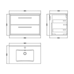 [BFIF2726C] Longnor 2 Drawer Wall Hung Vanity Unit with Minimalist Basin - Choice of Size and Colour - Technical Drawing