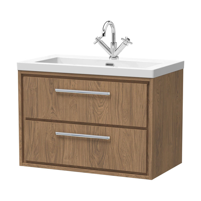 [BFIF2726L] Longnor 2 Drawer Wall Hung Vanity Unit with 1 Tap Hole Modern Fireclay Basin, Antique Oak, 800mm - Cutout