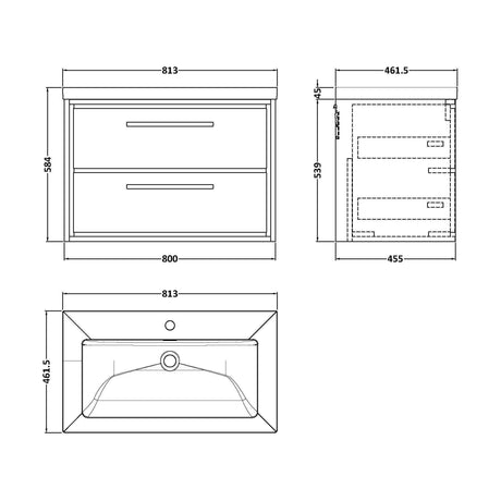 [BFIF2726L] Longnor 2 Drawer Wall Hung Vanity Unit with 1 Tap Hole Modern Fireclay Basin, Antique Oak, 800mm - Technical Drawing