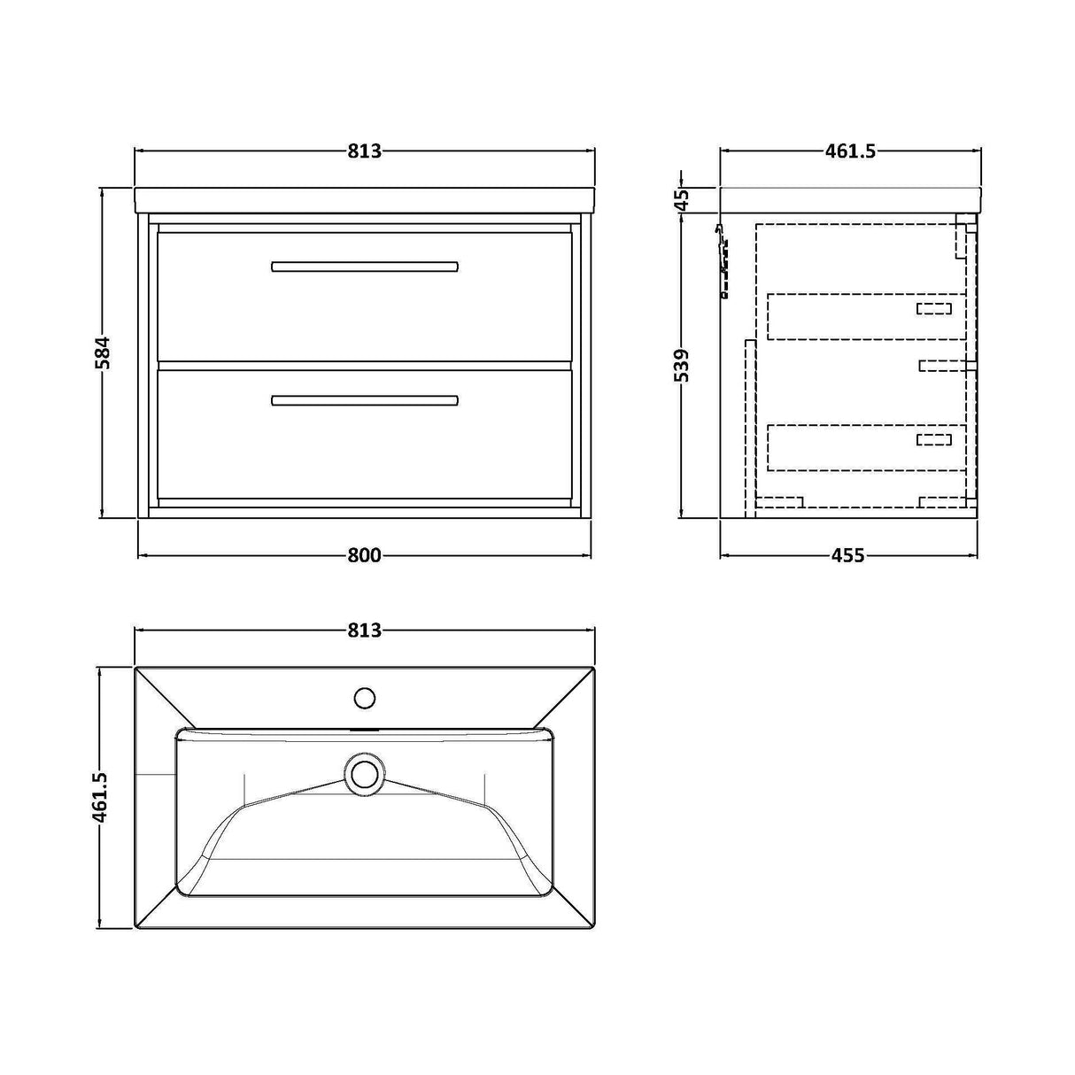 [BFIF2726L] Longnor 2 Drawer Wall Hung Vanity Unit with Modern Fireclay Basin - Choice of Size and Colour - Technical Drawing