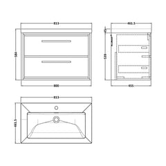 [BFIF2726L] Longnor 2 Drawer Wall Hung Vanity Unit with Modern Fireclay Basin - Choice of Size and Colour - Technical Drawing