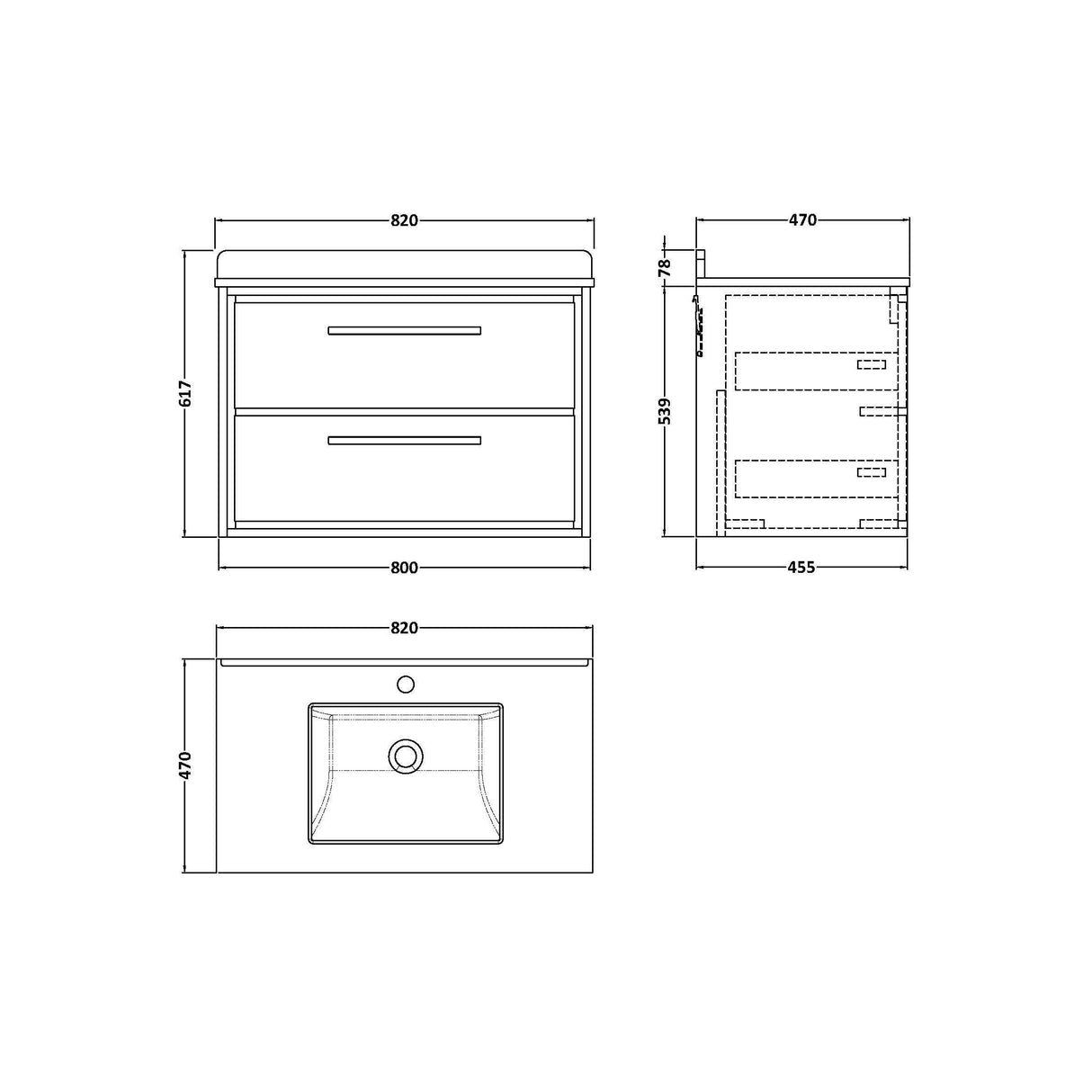 [BFIF2726WS1] Longnor 2 Drawer Wall Hung Vanity Unit with Square Basin and Marble Worktop - Choice of Size and Colour - Technical Drawing