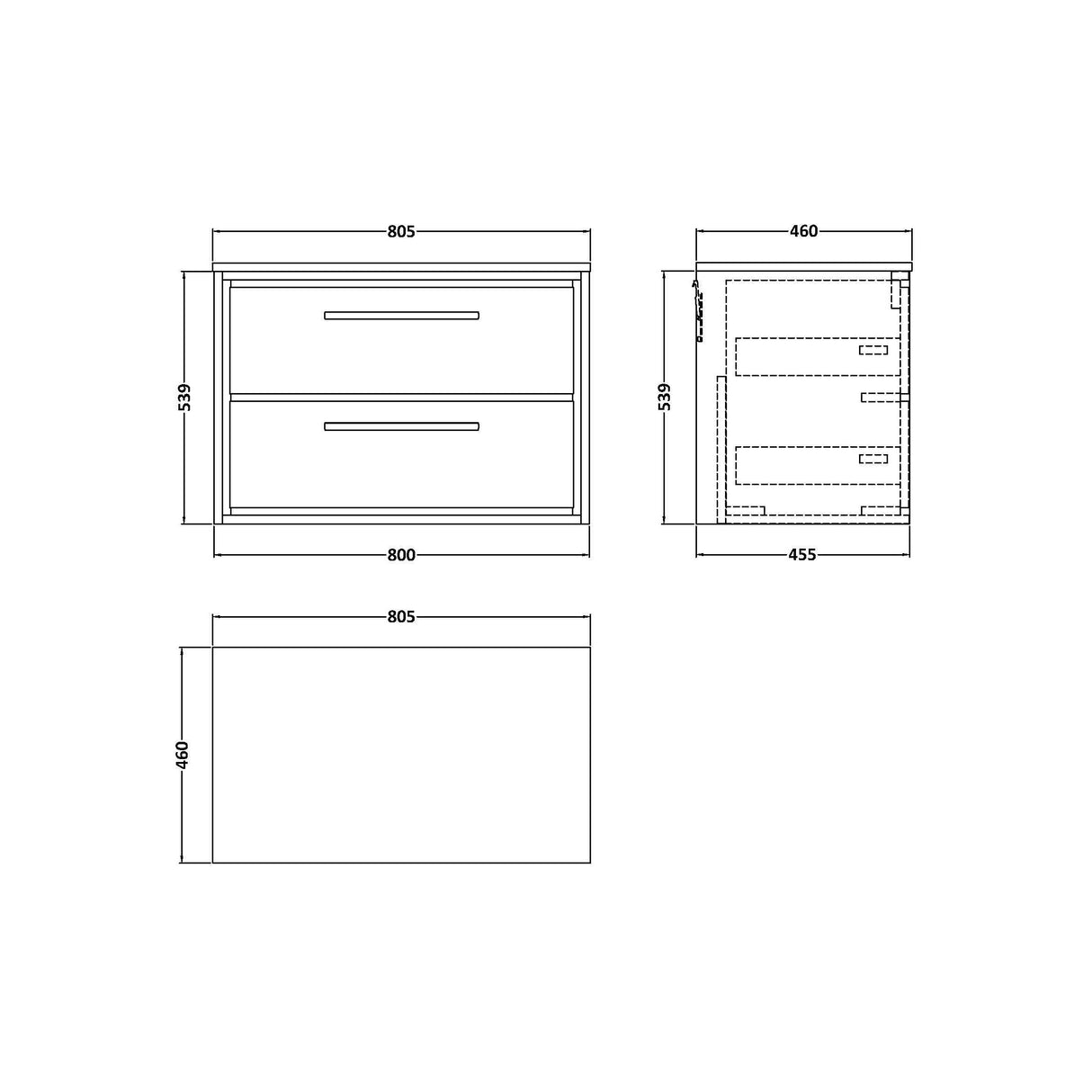 [BFIF2726W] Longnor 2 Drawer Wall Hung Vanity Unit with Worktop - Choice of Size and Colour - Technical Drawing