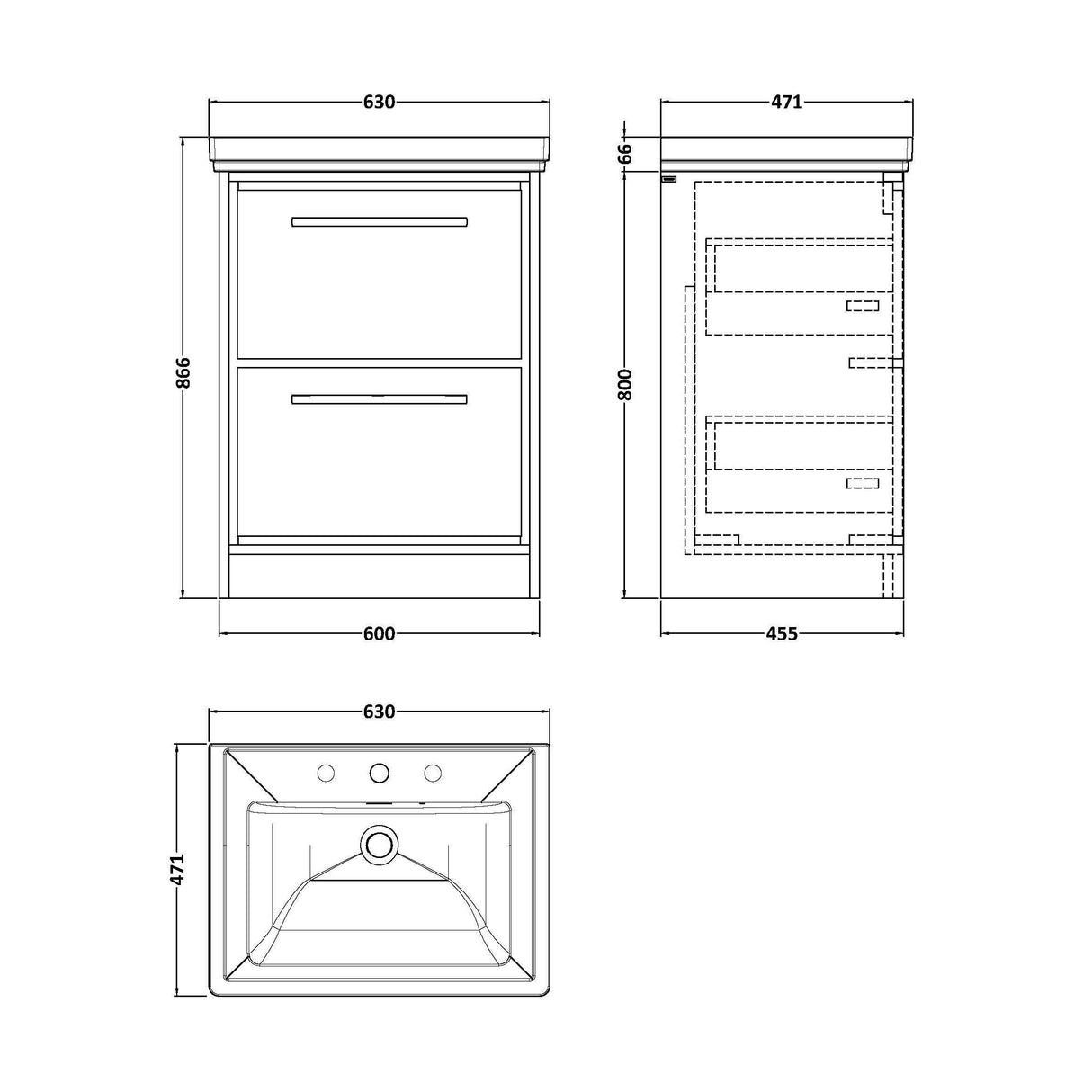 [BFIF2733B] Longnor 2 Drawer Floor Standing Vanity Unit with 3 Tap Hole Traditional Fireclay Basin - Choice of Size and Colour - Technical Drawing