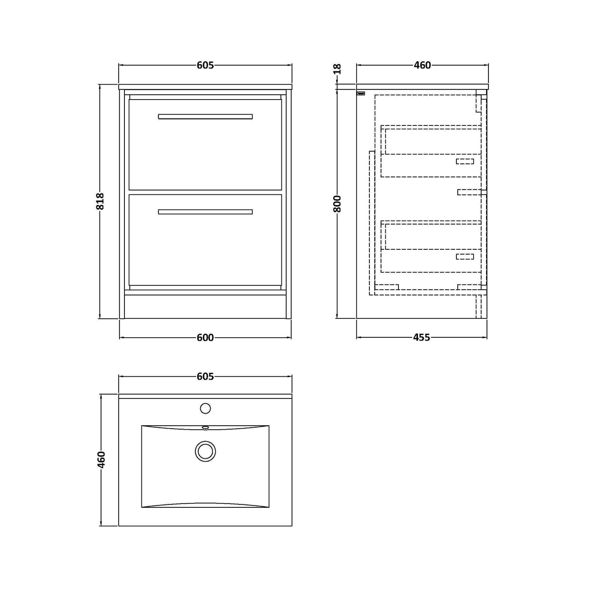 [BFIF2733C] Longnor 2 Drawer Floor Standing Vanity Unit with Minimalist Basin - Choice of Size and Colour - Technical Drawing