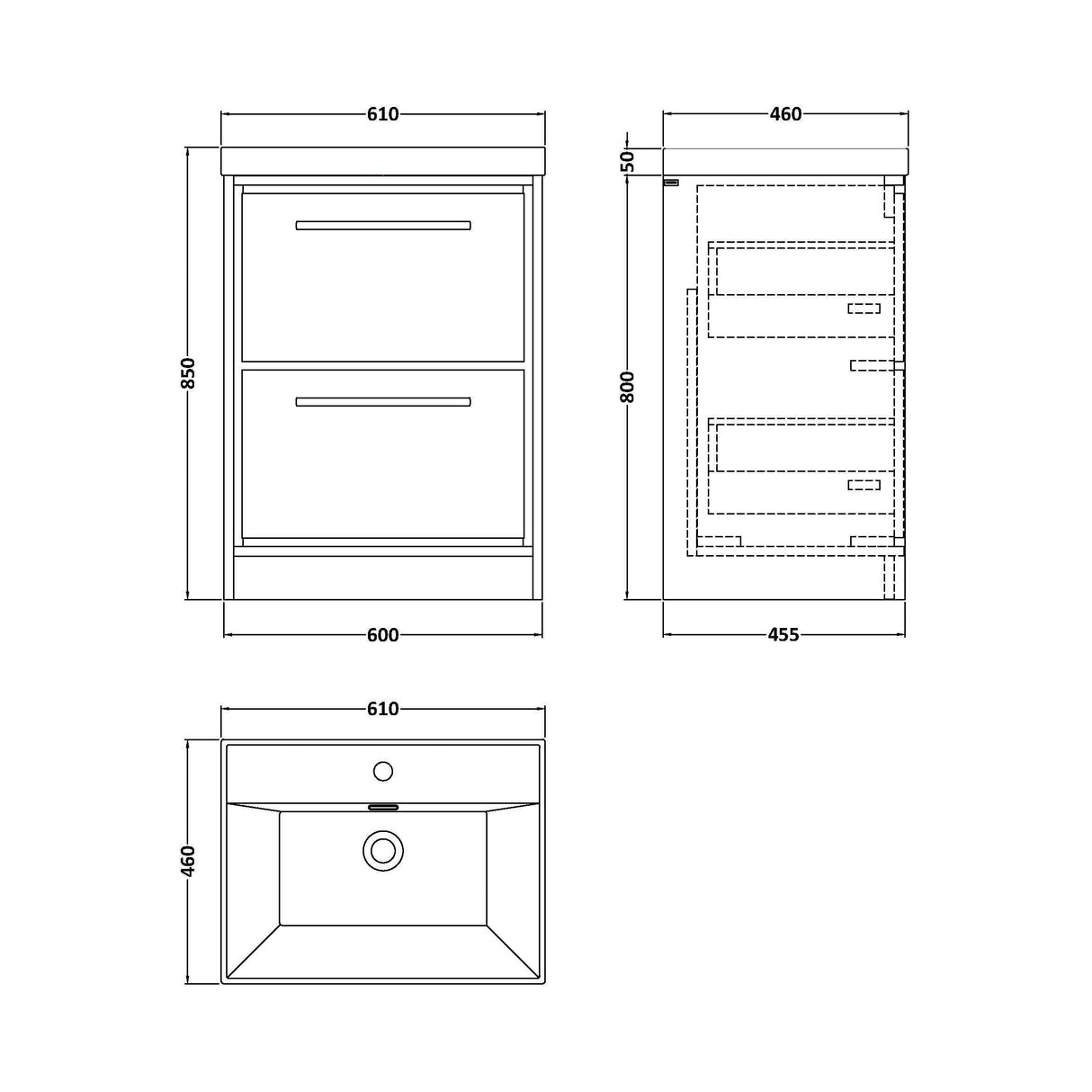 [BFIF2733E] Longnor 2 Drawer Floor Standing Vanity Unit with Thin Edge Basin - Choice of Size and Colour - Technical Drawing