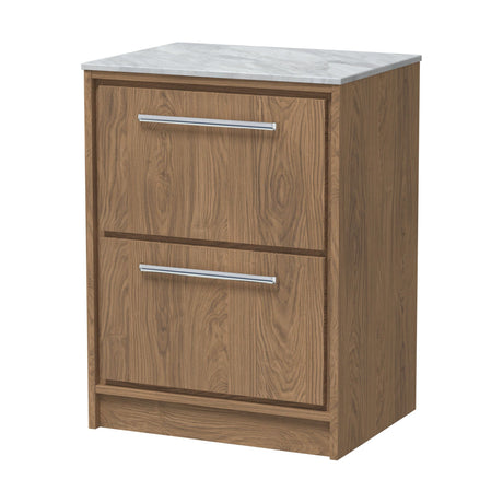 [BFIF2733GMT] Longnor 2 Drawer Floor Standing Vanity Unit with Grey Marble Worktop, Antique Oak, 600mm - Cutout