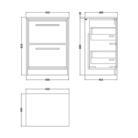 [BFIF2733GMT] Longnor 2 Drawer Floor Standing Vanity Unit with Grey Marble Worktop, Antique Oak, 600mm - Technical Drawing